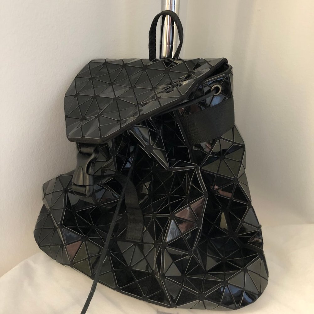 Black Vinyl Geometric Drawstring Backpack - image 4